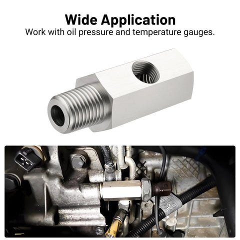 EVIL ENERGY stainless steel 1/4 NPT oil pressure sensor tee adapter with 1/4 NPT male and 1/8 NPT female port, installed on engine