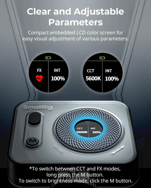 Close-up of LCD screen on Vibe P96 Pro LED Video Light For Camera showing settings and controls, black color.