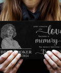 Person holding Custom Black Granite Memorial Stone With Your Image For Outdoor Garden And Cemetery Use Personalized Headstone Or Grave Marker Plaque Durable Outdoor Memorial Tablet Forever Keepsake For Loved Ones with engraved text and image.