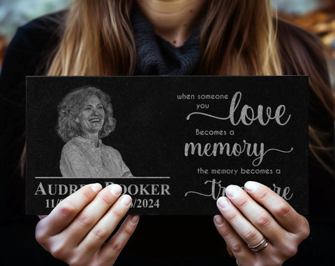 Person holding Custom Black Granite Memorial Stone With Your Image For Outdoor Garden And Cemetery Use Personalized Headstone Or Grave Marker Plaque Durable Outdoor Memorial Tablet Forever Keepsake For Loved Ones with engraved text and image.