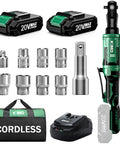 Cordless Electric Ratchet Wrench Kit Delivers Forty Foot Pounds Of Torque At Four Hundred RPM, 20 Volt With Three Eighths Inch Drive