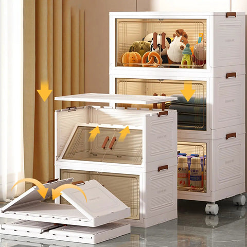 Heavy Duty Plastic Folding Storage Box With Smooth Glide Wheels Black Translucent Collapsible Bin Open Front Design showing stacked bins and smooth glide wheels.