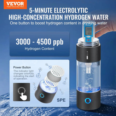 Hydrogen Water Bottle Generator With SPE Technology On The Go Portable 230 Milliliter Capacity showing hydrogen content display