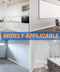 Self Adhesive Vinyl Wall Base Molding Trim 4 Inch Wide 20 Feet Long White Cove Base shown in kitchen, office, garage, bathroom