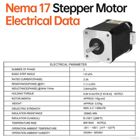NEMA 17 stepper motor with silver faceplate on black body; 60mm frame, four-wire cable, shaft protruding.