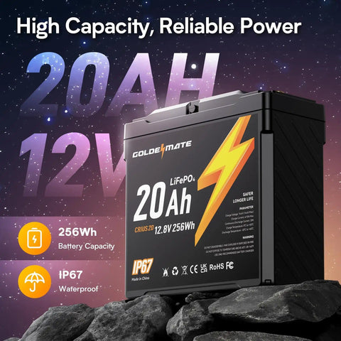 12V 20Ah LiFePO4 Battery Two Pack With Built In BMS IP67 Waterproof shown on rocky surface