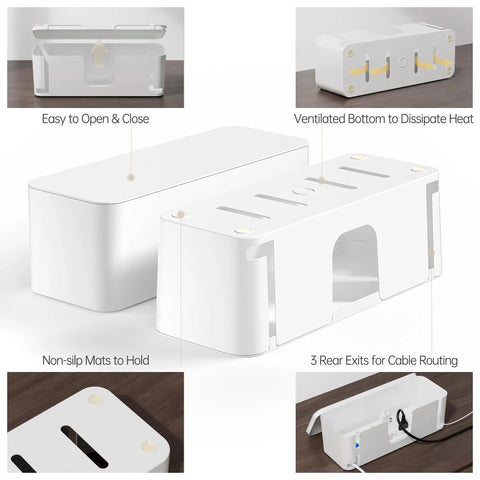 Two Pack Cable Management Box For Home And Office, Pet Safe Cord Organizer, Kid Safe And Power Strip Protector, Wire Hider, White