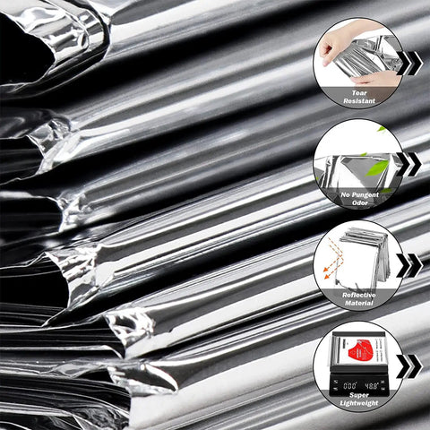 Thermal Mylar Emergency Blanket 20 Pack For Survival And First Aid Kits, showing ultra reflective silver foil with features listed.