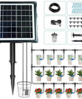 Diagram of solar garden irrigation system with fifty days standby time auto watering for twenty to thirty pots anti siphon feature.