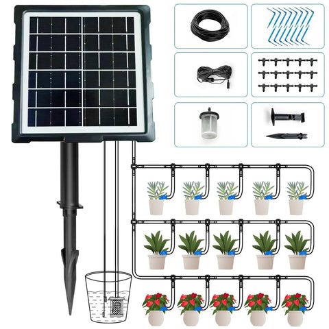 Diagram of solar garden irrigation system with fifty days standby time auto watering for twenty to thirty pots anti siphon feature.