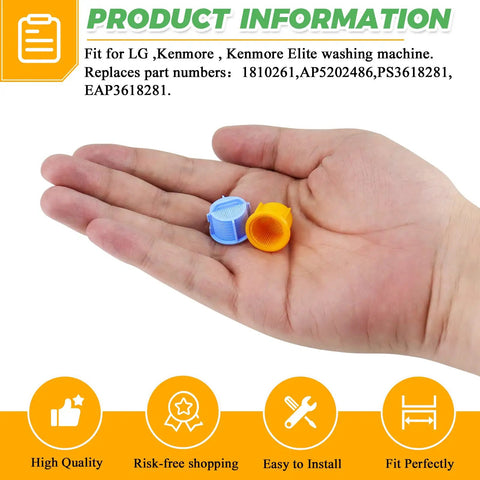 Hand holding Four Pack Washing Machine Water Filter Screens Inline Inlet Valve Screen Replacement For Most Washers.