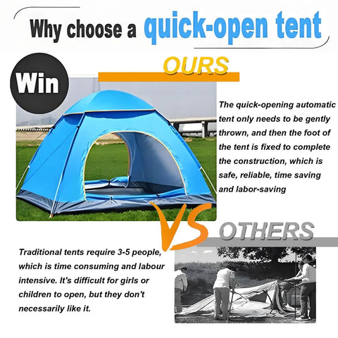 Blue No Fuss 3 Person Pop Up Camping Tent With 80 By 80 Inch Picnic Mat Waterproof Automatic Setup Quick Open Outdoor Beach Travel Tent For Easy Weekend Camping displayed with quick open demonstration.