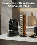 Rotating Nespresso OriginalLine Pod Holder Carousel For Countertop next to coffee machine, holding 40 pods, black.