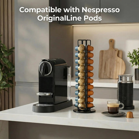 Rotating Nespresso OriginalLine Pod Holder Carousel For Countertop next to coffee machine, holding 40 pods, black.