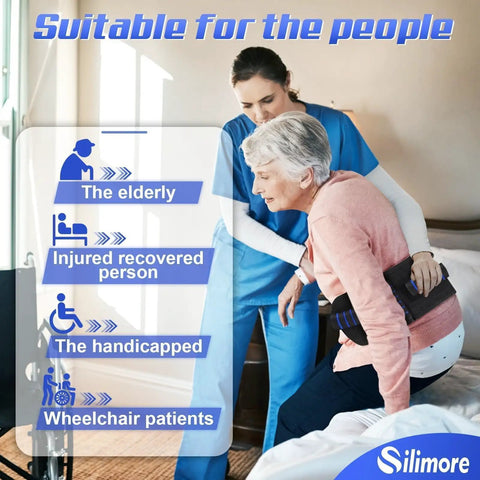 Caregiver assisting senior with Easy Grab Gait Belt For Seniors With Handles, Transfer Belt with Quick Release Latch.
