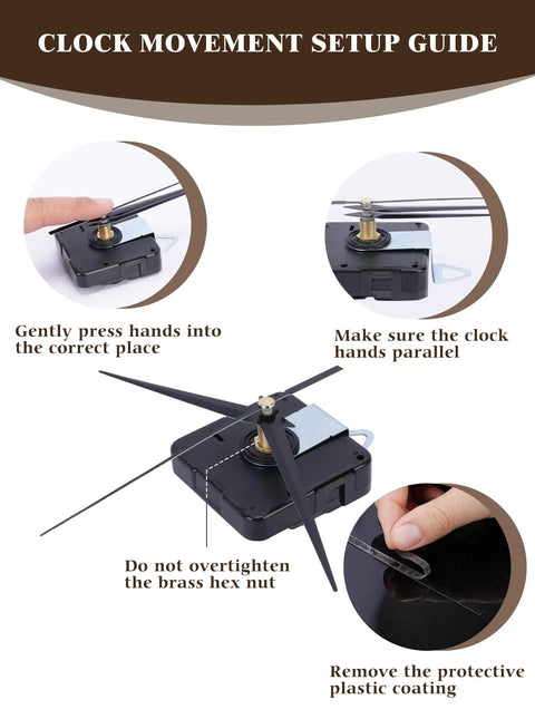 Setup guide for upgraded battery operated clock mechanism with 1/2 inch shaft, ultra quiet silent sweep quartz movement for DIY.