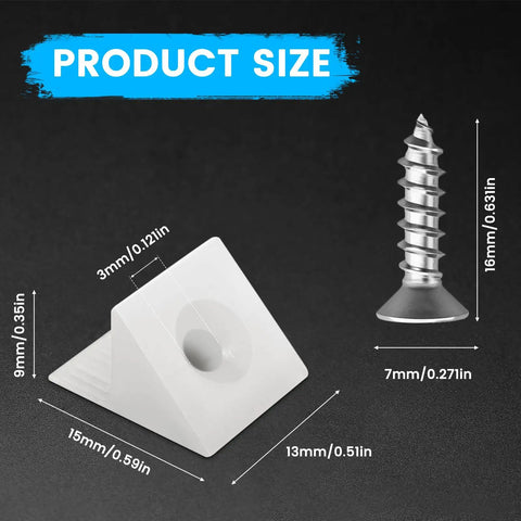 Fifty Pcs Drawer Angle Brackets With Screws Repair Kit For Sagging Furniture Bottom Support showing size dimensions.