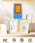 Portable Indoor Space Heater For Desk And Office, 2-Second PTC Fast Heating, blue heater with certification documents.