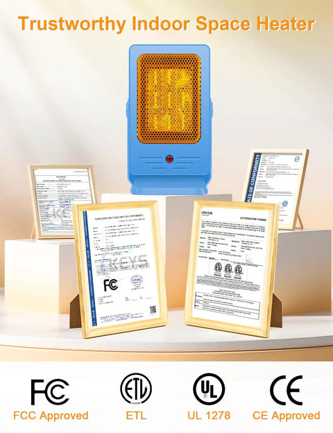 Portable Indoor Space Heater For Desk And Office, 2-Second PTC Fast Heating, blue heater with certification documents.