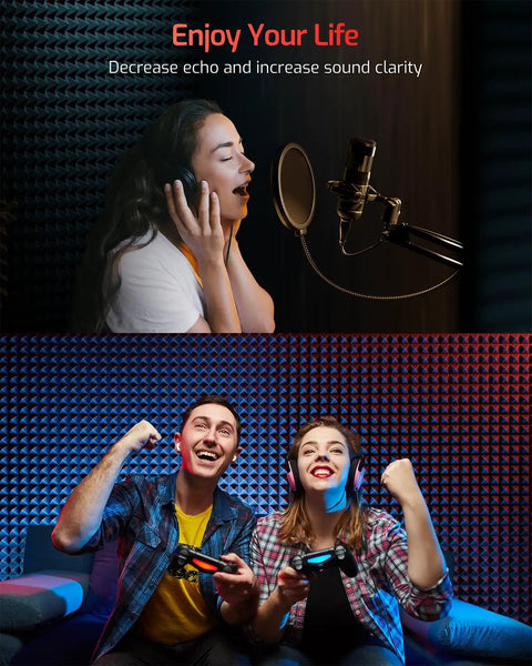 Kick The Echo Down With These Slap On 12 Pack High Density Acoustic Foam Panels Self Adhesive Wall Tiles For Home Studio Gamer Setup Quick Expand Game Changing Sound Dampening, featuring a singer and gamers.