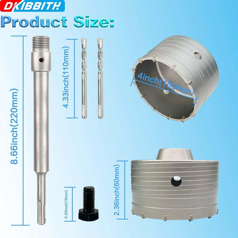 4-inch concrete hole saw kit with DKIBBITH brand, SDS-Plus shank, 102mm tungsten steel core bit, and two center positioning drill bits