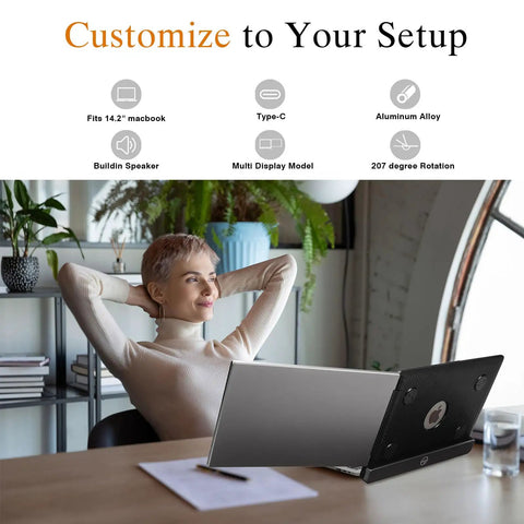 Woman using dual screen portable monitor for laptop, 12 inch FHD 1080p travel display attached to 14.2 inch MacBook Pro.