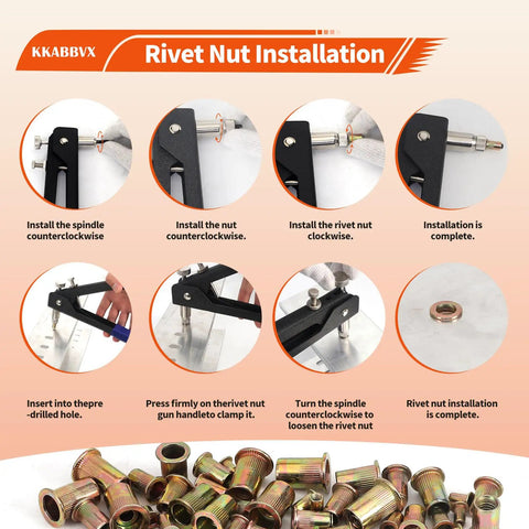 Complete Rivet Nut Kit With Five Hundred Ten Pieces SAE And Metric Galvanized Carbon Steel Flat Head Threaded Rivets For DIY Auto Marine Projects Includes M3 M4 M5 M6 M8 M10 Inch Sizes One Quarter By Twenty Five Sixteenths By Eighteen Three Eighths By installation guide