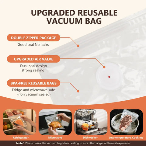Upgraded reusable vacuum bag features include double zipper, upgraded air valve, BPA-free, ideal for Compact Handheld Vacuum Sealer For Meal Prep And Leftovers With Freezer Storage Includes 30 Reusable Vacuum Bags Keeps Meat Produce And Snacks Fresh Longer Perfect For Fresh Food Preservation And Smart Kitchen Setup.