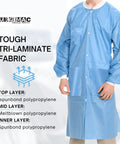 Blue Disposable Lab Coat Knee Length Unisex Chemistry Gown With Sleeves SMS Nonwoven Medical Coat For Laboratory Work Broad Protection Laboratory Coat Large shown with tri-laminate fabric layers diagram.