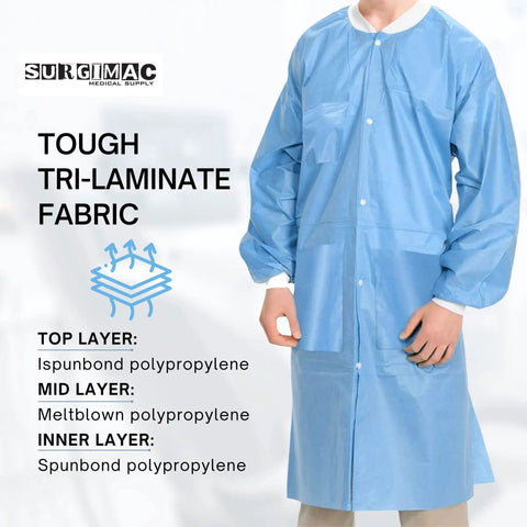 Blue Disposable Lab Coat Knee Length Unisex Chemistry Gown With Sleeves SMS Nonwoven Medical Coat For Laboratory Work Broad Protection Laboratory Coat Large shown with tri-laminate fabric layers diagram.
