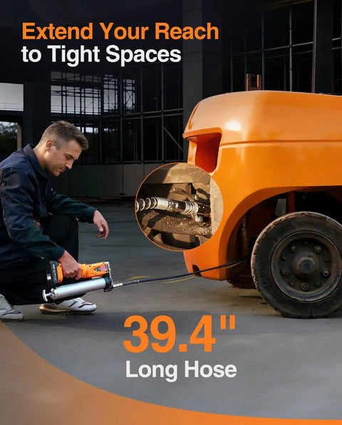Man using Beefy 2-In-1 Electric Grease Gun With 10000 PSI Cordless Power on machinery with 39.4 inch flexible hose