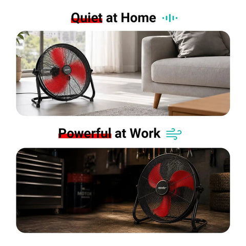 18 Inch High Velocity Brushless Floor Fan With Dual Power DC AC, Delivers 2500 CFM, 5 speed heavy duty metal shop fan in home and garage