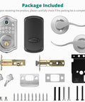 Slick Fingerprint Keyless Entry Door Lock With Sturdy Lever Handle Set In Brushed Nickel Finish package contents including handle and two keys.