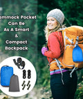Woman wearing backpack with Go To Camping Hammock With Mosquito Net And Rain Fly Portable Nylon Hammock set visible on ground.