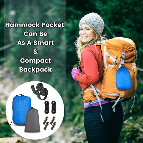 Woman wearing backpack with Go To Camping Hammock With Mosquito Net And Rain Fly Portable Nylon Hammock set visible on ground.