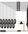 Diagram of Pure White LED Rock Lights Kit for Trucks with 12 Pods 6000K White Lighting, wiring and dimensions shown.