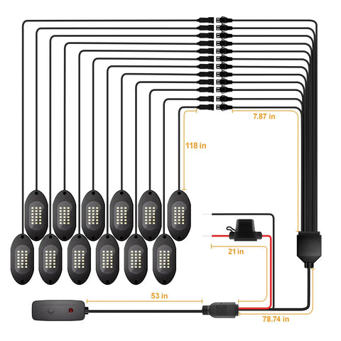 Diagram of Pure White LED Rock Lights Kit for Trucks with 12 Pods 6000K White Lighting, wiring and dimensions shown.