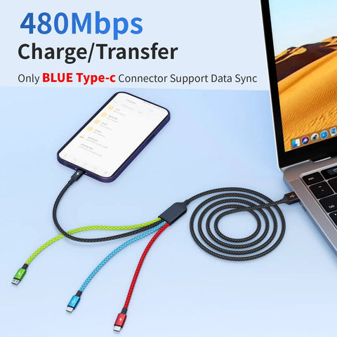 4 in 1 Multi Charging Cable for Car and Travel On The Go 2 Pack 5Ft Nylon Braided USB C USB A Micro Cables shown with phone and laptop.