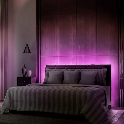 Neon Smart Indoor Outdoor Multi Color LED Light Strip 5M 16 Feet Waterproof RGB Tape illuminating a bedroom with a purple glow