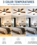 MADISH Modern Walnut 46 Inch Ceiling Fan With Light displaying three color temperatures in a cozy bedroom setting.