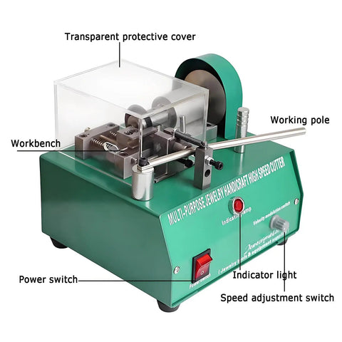 Heavy Duty Mini Motorized Lathe Cutting Machine For Silver Gold Copper Jewelry Lines adjustable speed controls and protective cover.