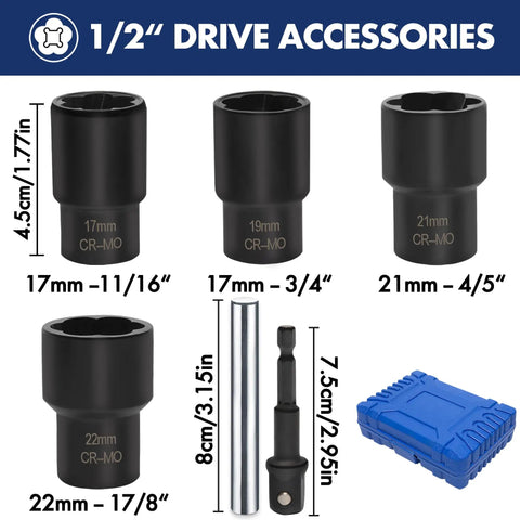 Six Piece Lug Nut Remover Socket Set Heavy Duty One Half Inch Drive Wheel Lock Bolt Extractor Kit 17mm 19mm 21mm 22mm Tough As Nails For Damaged Stripped Rounded Bolts And Fasteners CrMo Steel