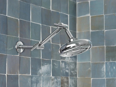 Brushed Nickel Pivoting Shower Arm With 16 Inch Reach Adjustable Locking Pivot Points For Easy No Fuss Installation in tiled bathroom