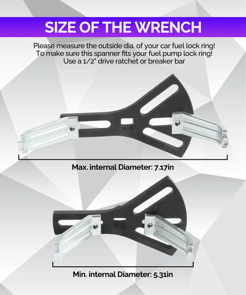 Top Shelf Adjustable Fuel Pump Removal Tool Built Tough showing size details for 5.31 to 7.17 inch tank rings.