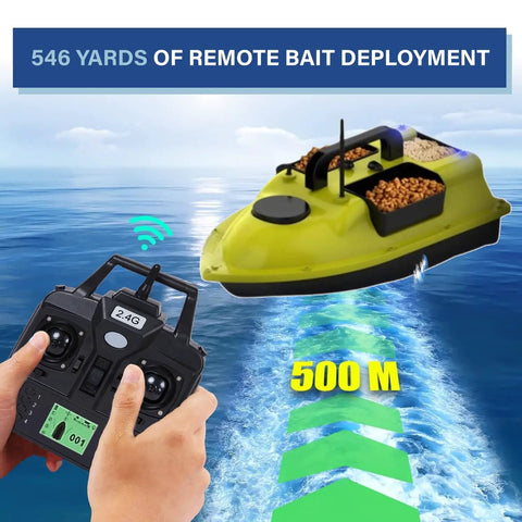 GPS Guided RC Bait Boat With Auto Return Remote Control Fishing Boat seen deploying bait at 500m distance over water.