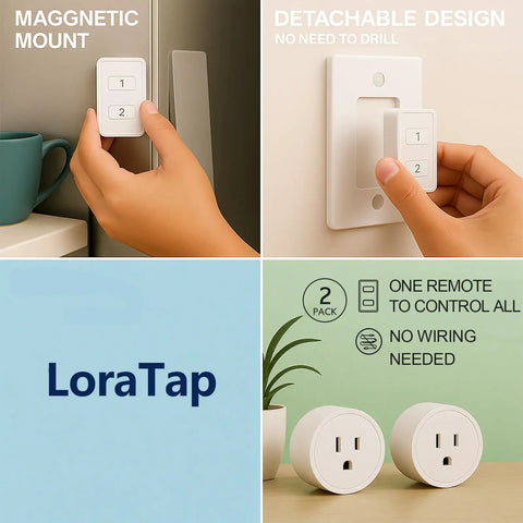 Two Pack Mini Wireless Remote Outlet Plug Adapter With Remote 2 Channel Wall Switch 656ft Range for Indoor Lamps and Appliances