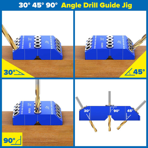 Pro Grade Angled Drill Guide Jig Kit for 30 45 90 Degree Holes on wood, with four bits, metal construction for precise angles