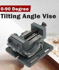3 Inch Drill Press Vise With 0 To 90 Degree Tilting Angle Iron Cradle Style Clamp on wooden surface