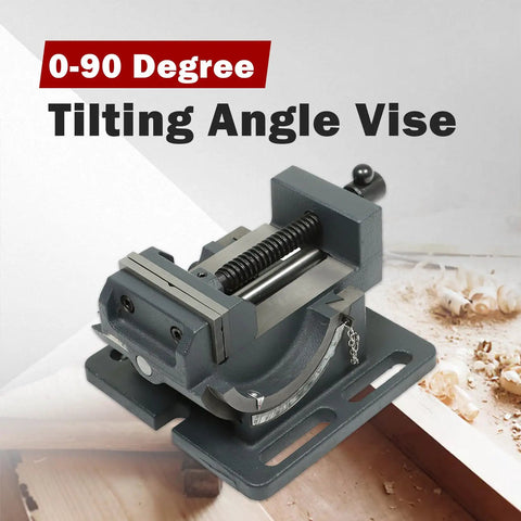 3 Inch Drill Press Vise With 0 To 90 Degree Tilting Angle Iron Cradle Style Clamp on wooden surface