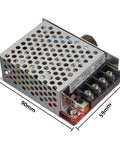 Metal casing of 7 to 70V PWM DC Motor Speed Controller 30A with onboard stop and brake switch, showing dimensions